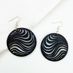 Hollow Carved Pattern Round Dangle Earrings Wooden Ear Jewelry Boho Style