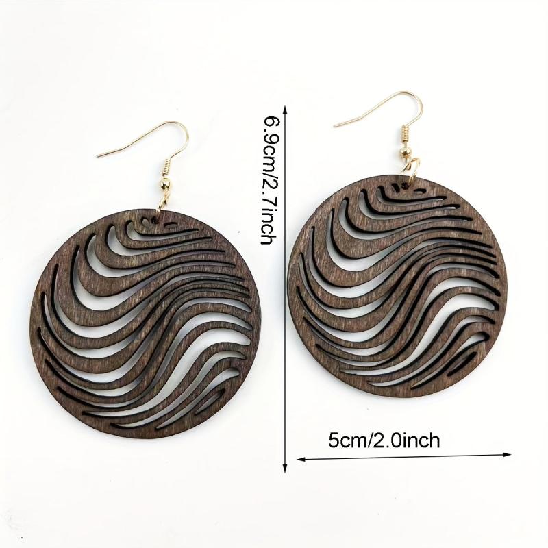 Hollow Carved Pattern Round Dangle Earrings Wooden Ear Jewelry Boho Style