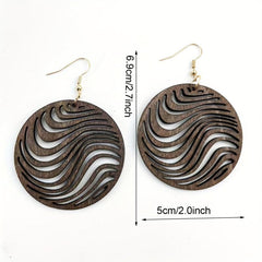 Hollow Carved Pattern Round Dangle Earrings Wooden Ear Jewelry Boho Style