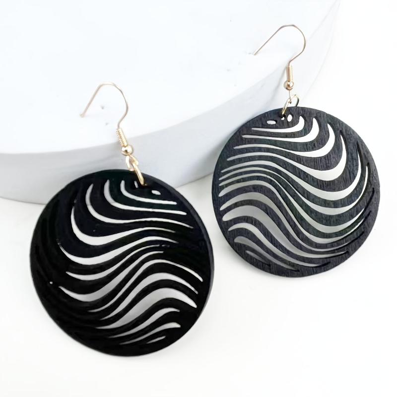 Hollow Carved Pattern Round Dangle Earrings Wooden Ear Jewelry Boho Style
