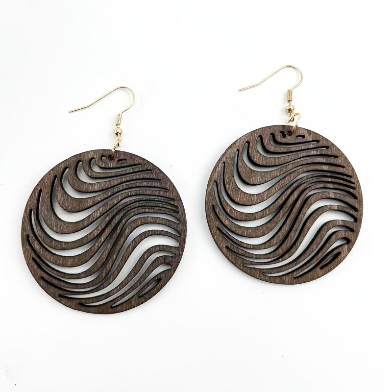 Hollow Carved Pattern Round Dangle Earrings Wooden Ear Jewelry Boho Style