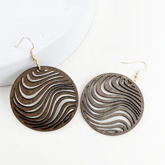 Hollow Carved Pattern Round Dangle Earrings Wooden Ear Jewelry Boho Style