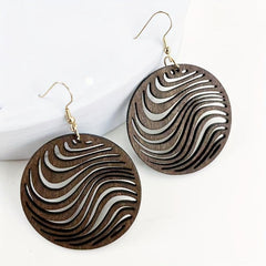 Hollow Carved Pattern Round Dangle Earrings Wooden Ear Jewelry Boho Style