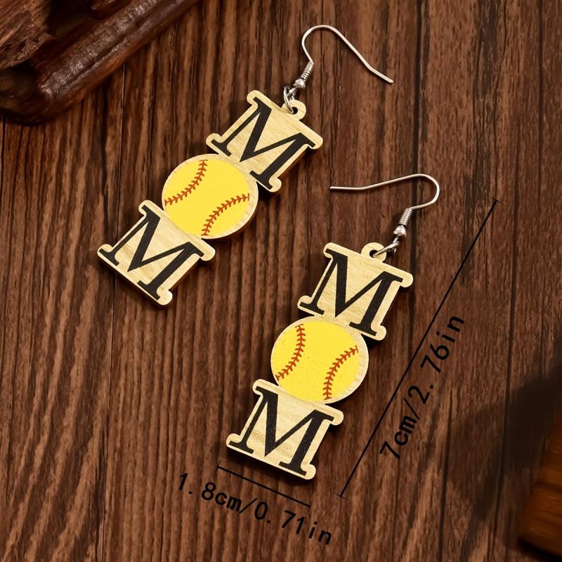 MOM Baseball Decor Dangle Earrings Sporty Wooden Jewelry Gift
