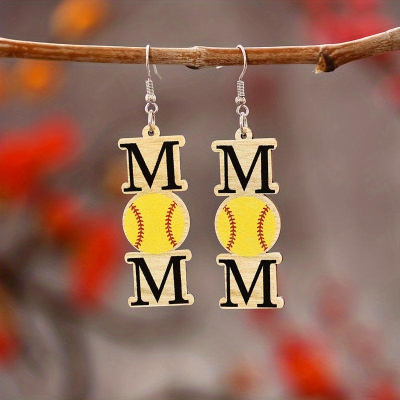 MOM Baseball Decor Dangle Earrings Sporty Wooden Jewelry Gift
