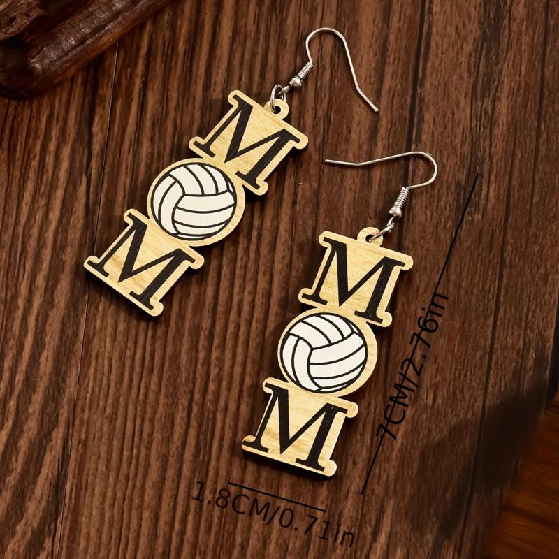 MOM Volleyball Dangle Earrings Cartoon Style Wooden Jewelry