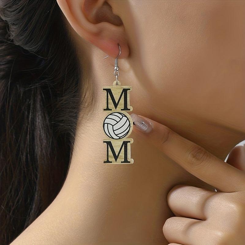MOM Volleyball Dangle Earrings Cartoon Style Wooden Jewelry