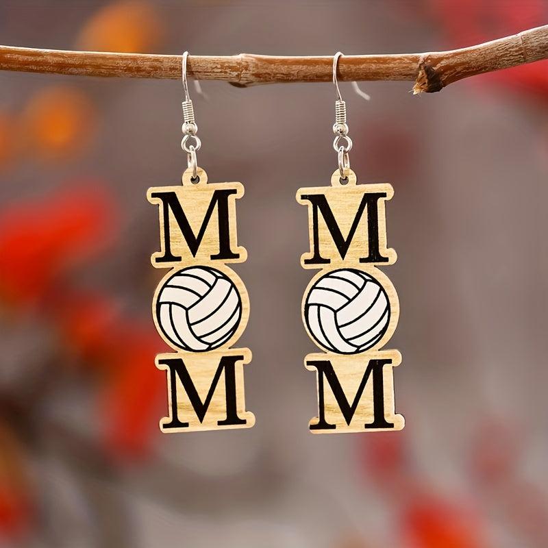 MOM Volleyball Dangle Earrings Cartoon Style Wooden Jewelry