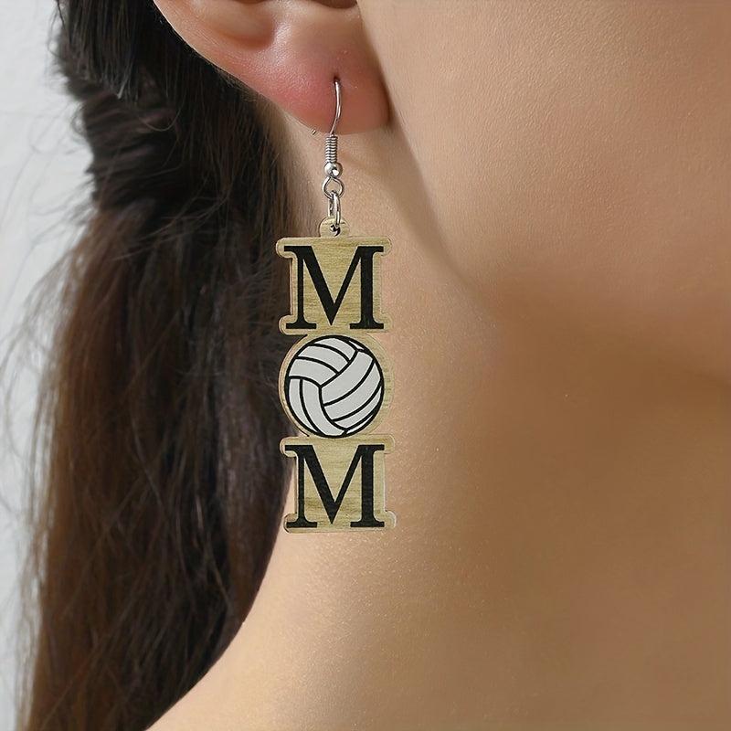 MOM Volleyball Dangle Earrings Cartoon Style Wooden Jewelry