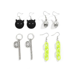 4 Pairs Halloween Skull Cat Chain Teeth Earrings Y2K Goth Style Jewelry
