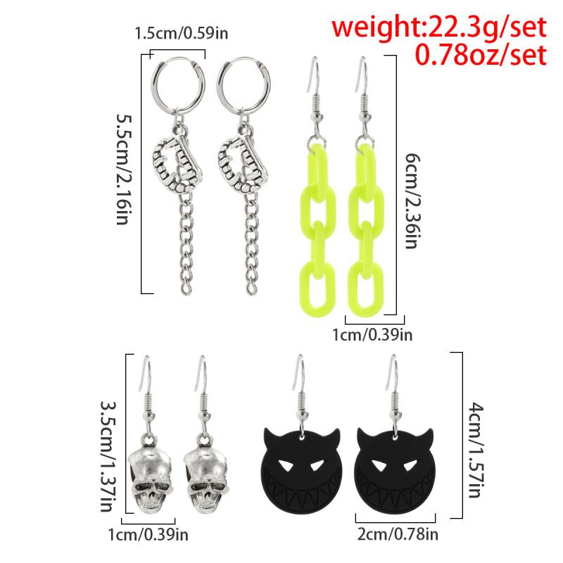 4 Pairs Halloween Skull Cat Chain Teeth Earrings Y2K Goth Style Jewelry