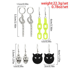 4 Pairs Halloween Skull Cat Chain Teeth Earrings Y2K Goth Style Jewelry