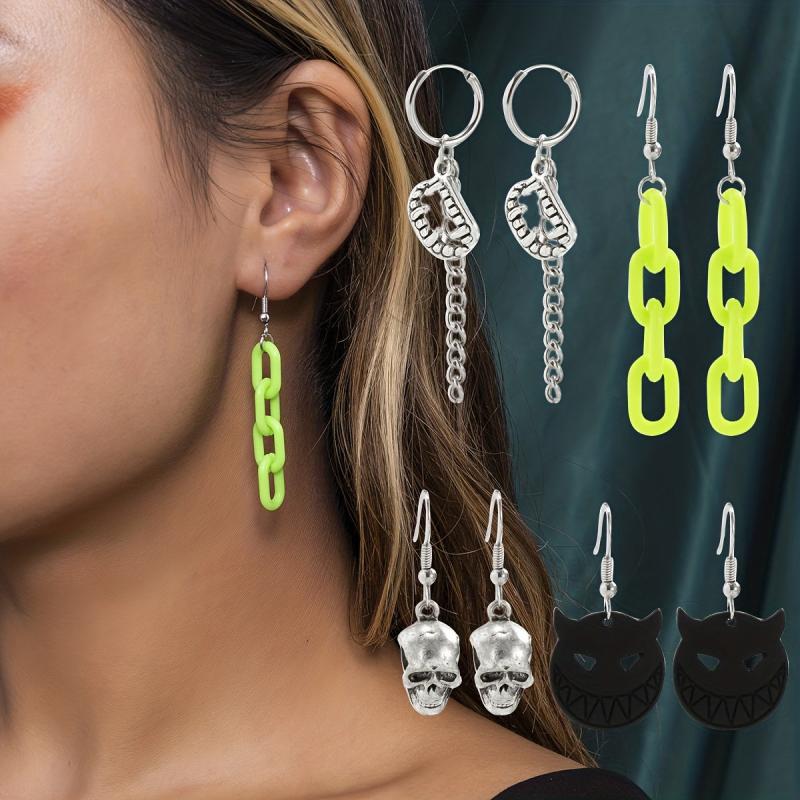 4 Pairs Halloween Skull Cat Chain Teeth Earrings Y2K Goth Style Jewelry
