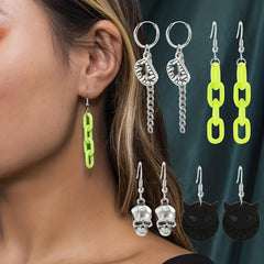 4 Pairs Halloween Skull Cat Chain Teeth Earrings Y2K Goth Style Jewelry