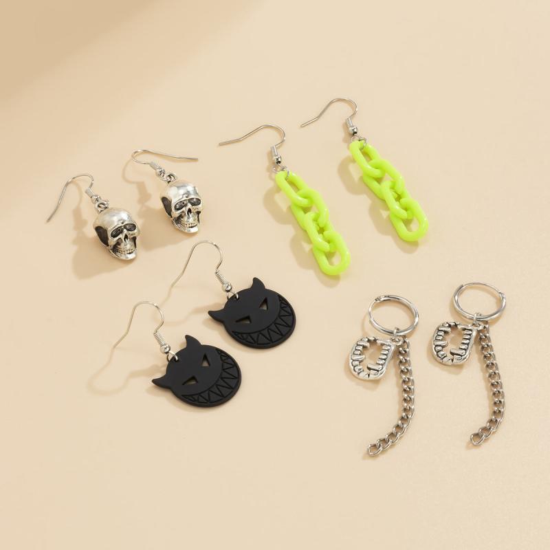 4 Pairs Halloween Skull Cat Chain Teeth Earrings Y2K Goth Style Jewelry