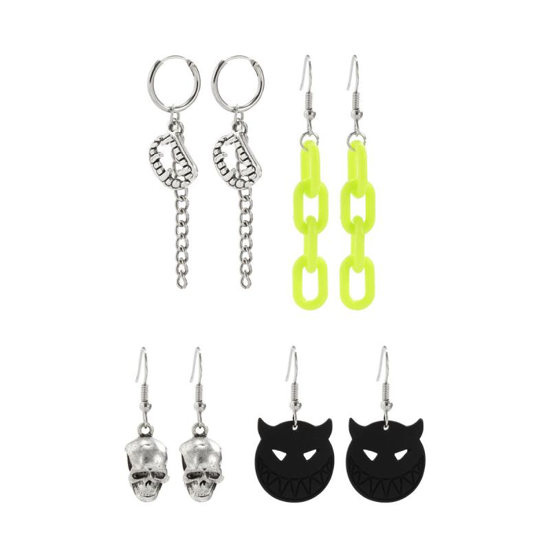 4 Pairs Halloween Skull Cat Chain Teeth Earrings Y2K Goth Style Jewelry