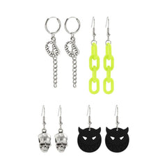 4 Pairs Halloween Skull Cat Chain Teeth Earrings Y2K Goth Style Jewelry