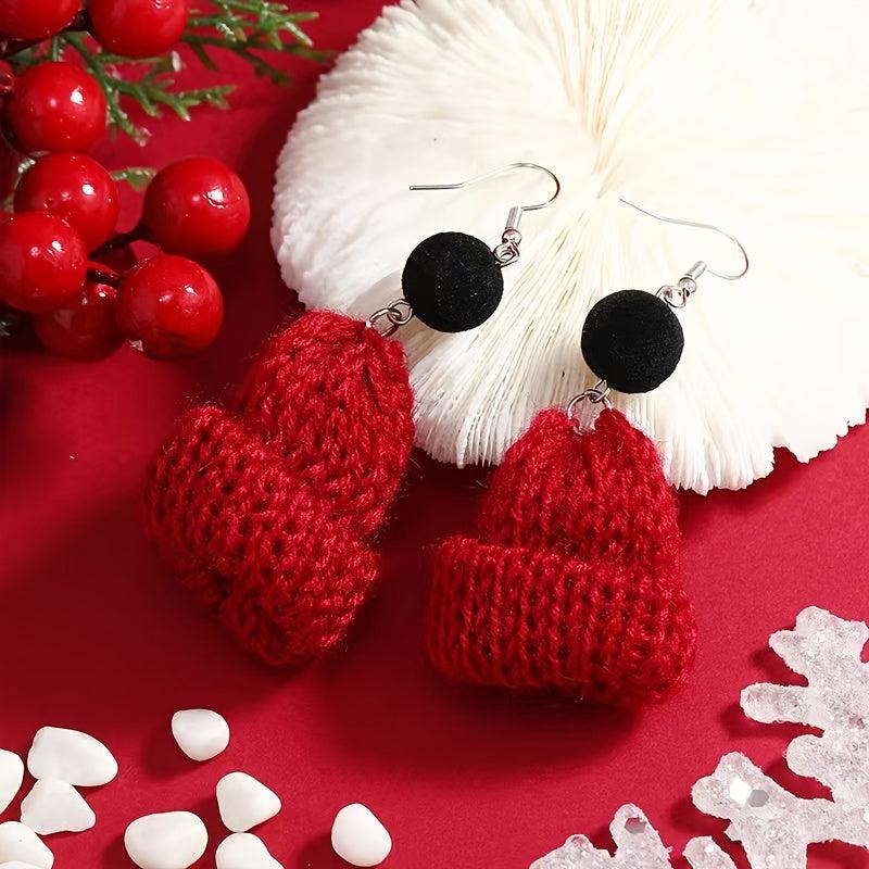 Christmas Red Green Knitted Woven Hat Dangle Earrings Party Style Adorable Gift