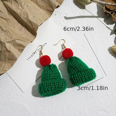 Christmas Red Green Knitted Woven Hat Dangle Earrings Party Style Adorable Gift