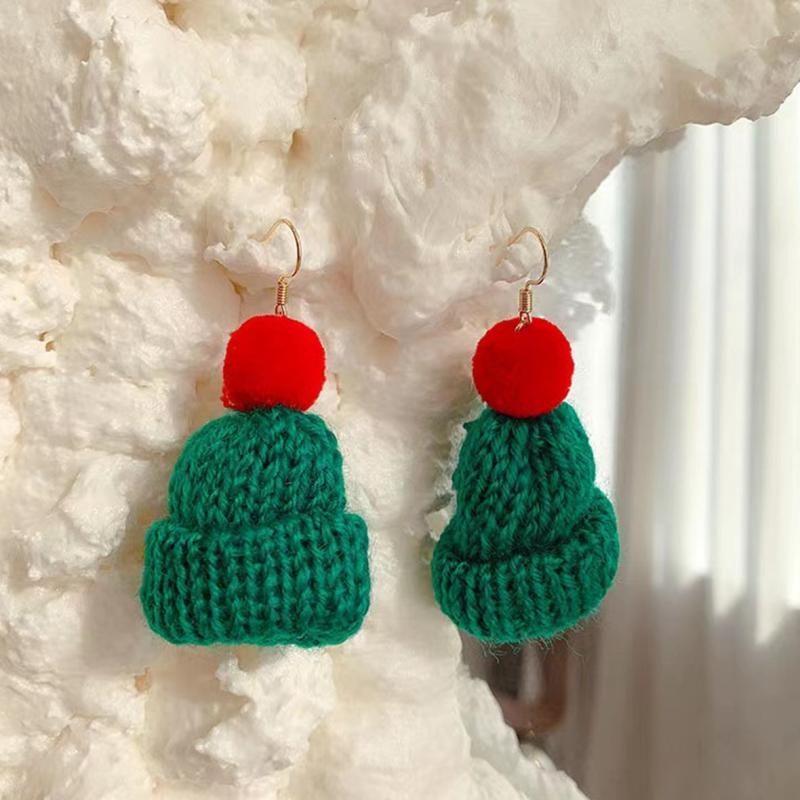 Christmas Red Green Knitted Woven Hat Dangle Earrings Party Style Adorable Gift