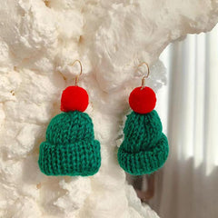 Christmas Red Green Knitted Woven Hat Dangle Earrings Party Style Adorable Gift