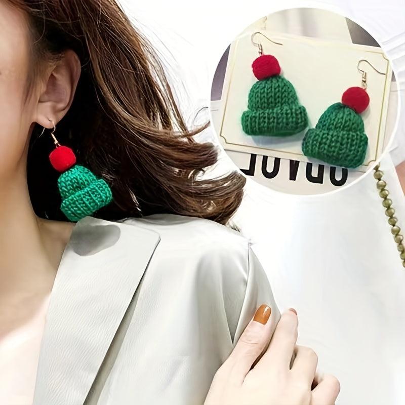 Christmas Red Green Knitted Woven Hat Dangle Earrings Party Style Adorable Gift
