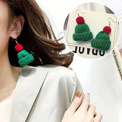 Christmas Red Green Knitted Woven Hat Dangle Earrings Party Style Adorable Gift