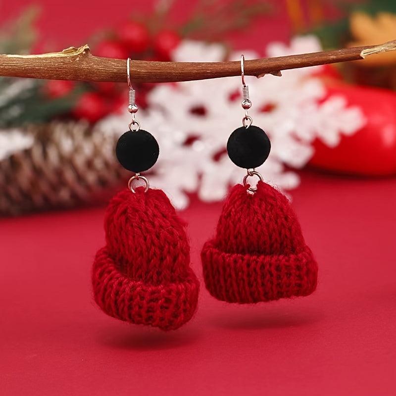 Christmas Red Green Knitted Woven Hat Dangle Earrings Party Style Adorable Gift