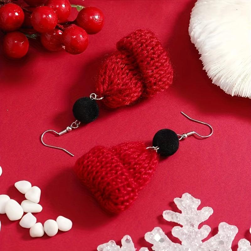 Christmas Red Green Knitted Woven Hat Dangle Earrings Party Style Adorable Gift