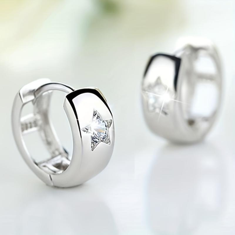 925 Silver Hoop Earrings Star Pattern Zircon Bridal Jewelry