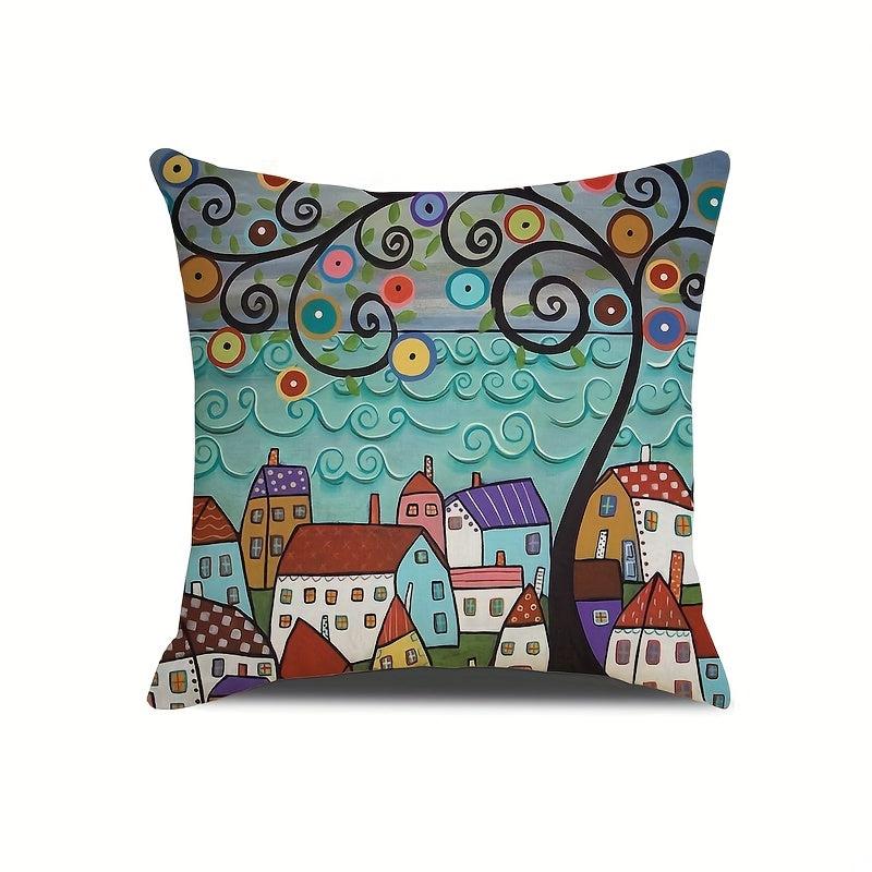 Geometric Tree Printed Linen Cushion Cover for Home Decor