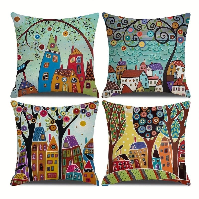 Geometric Tree Printed Linen Cushion Cover for Home Decor