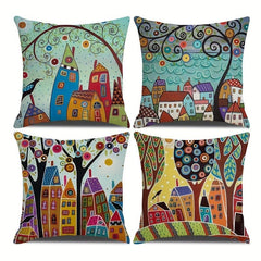 Geometric Tree Printed Linen Cushion Cover for Home Decor