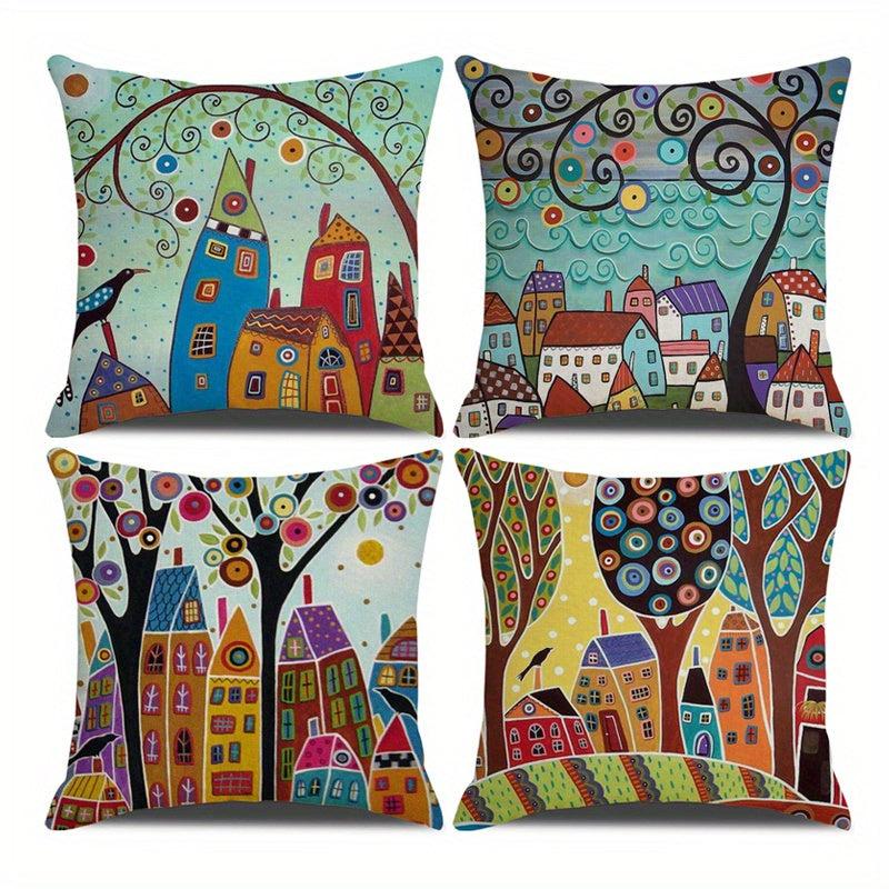 Geometric Tree Printed Linen Cushion Cover for Home Decor