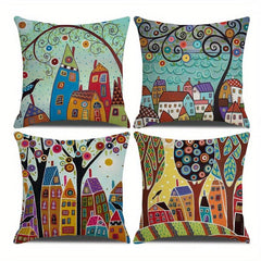 Geometric Tree Printed Linen Cushion Cover for Home Decor
