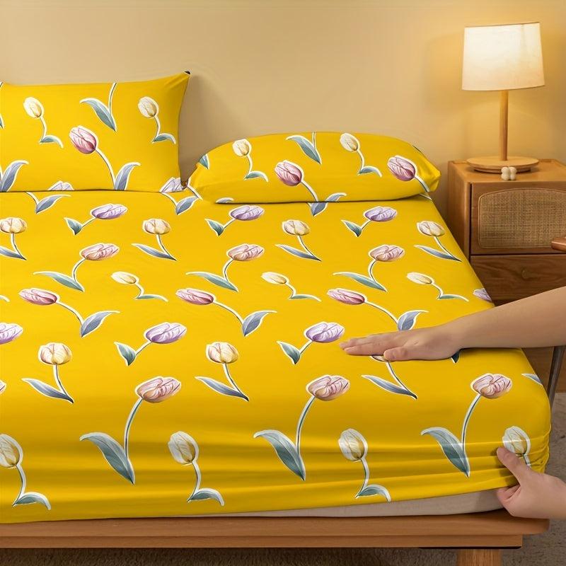 Tulip Print Brushed Fitted Sheet Soft Bedding Mattress Cover Deep Pocket