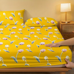 Tulip Print Brushed Fitted Sheet Soft Bedding Mattress Cover Deep Pocket