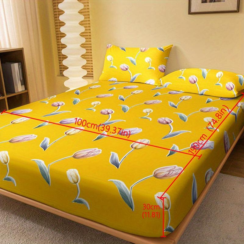 Tulip Print Brushed Fitted Sheet Soft Bedding Mattress Cover Deep Pocket