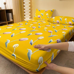 Tulip Print Brushed Fitted Sheet Soft Bedding Mattress Cover Deep Pocket