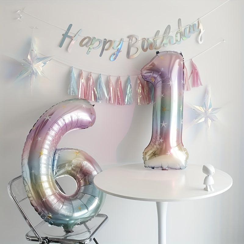 Rainbow Gradient 40 Inch Number Balloon with Tassel Rain Curtain