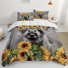 Highland Cow Duvet Cover Set Sunflower Bedding Set Wood Grain Duvet Cover