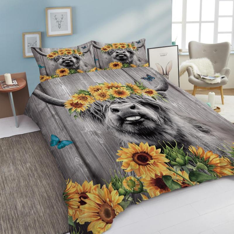Highland Cow Duvet Cover Set Sunflower Bedding Set Wood Grain Duvet Cover