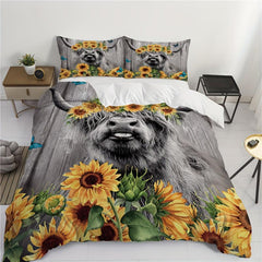 Highland Cow Duvet Cover Set Sunflower Bedding Set Wood Grain Duvet Cover