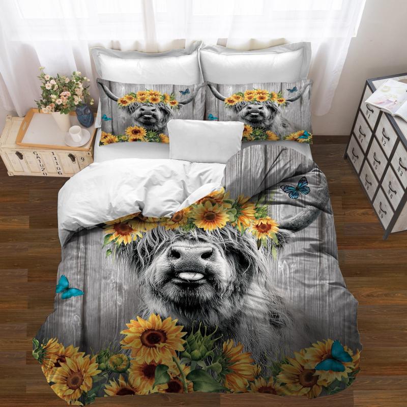 Highland Cow Duvet Cover Set Sunflower Bedding Set Wood Grain Duvet Cover