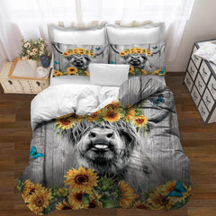 Highland Cow Duvet Cover Set Sunflower Bedding Set Wood Grain Duvet Cover