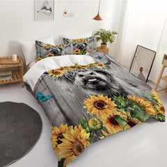 Highland Cow Duvet Cover Set Sunflower Bedding Set Wood Grain Duvet Cover