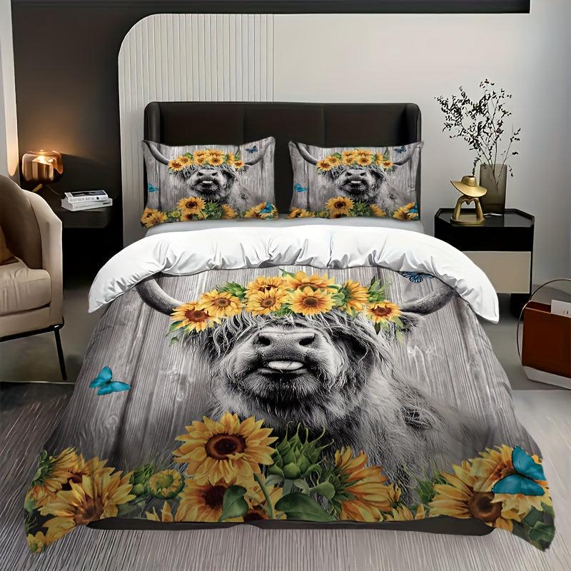 Highland Cow Duvet Cover Set Sunflower Bedding Set Wood Grain Duvet Cover