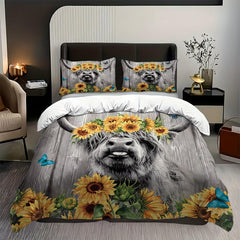 Highland Cow Duvet Cover Set Sunflower Bedding Set Wood Grain Duvet Cover