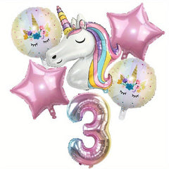 6pcs Rainbow Unicorn Balloon Set + Number Foil Balloons