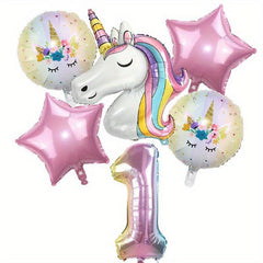 6pcs Rainbow Unicorn Balloon Set + Number Foil Balloons